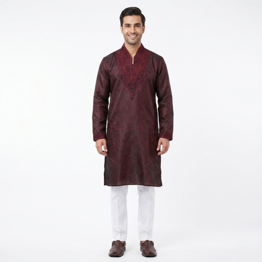 Mens Burgundy Jacquard Kurta Embroidered Beaded Long Tunic Shirt‎ India Size 38